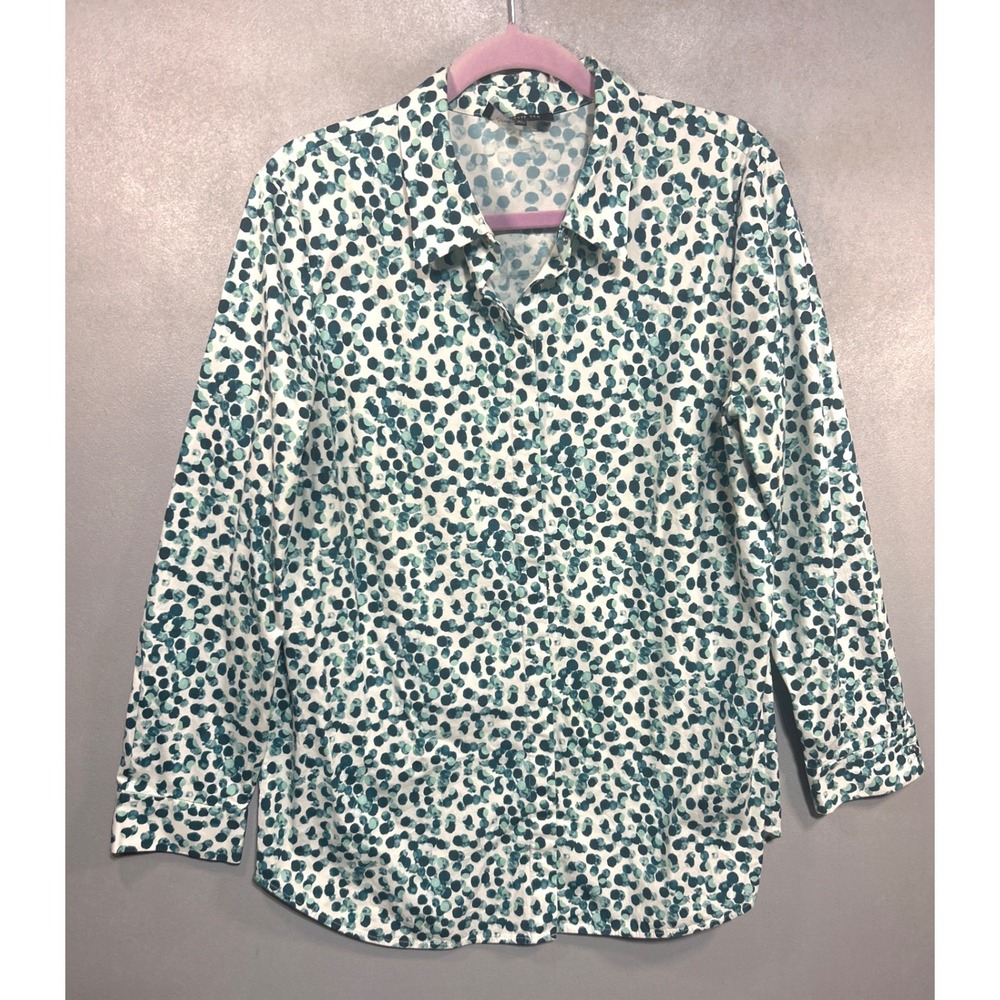 Lafayette 148 New York Womens XL Teal Green Abstract Dot Button Down Shirt